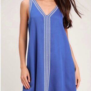 Lulus Sunshine Ahead Sleeveless Shift Dress Blue Embroidered Size Large